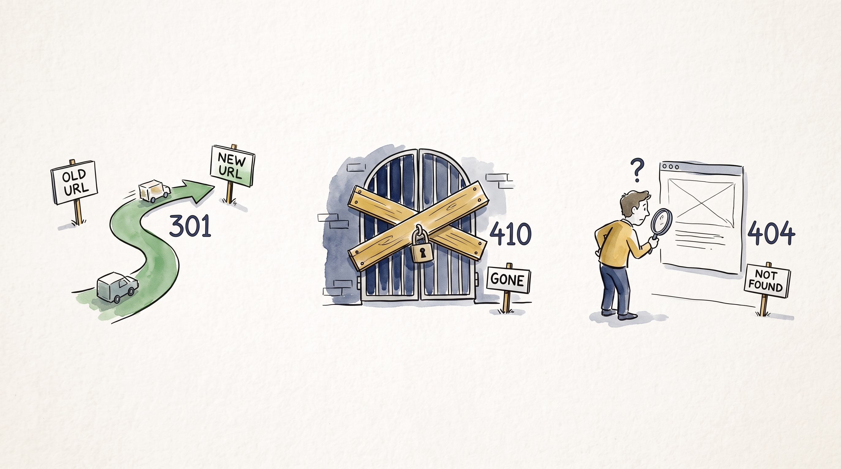 Illustration showing a 301 redirect from an old URL to a new URL, a 410 Gone response, and a 404 Not Found page.
