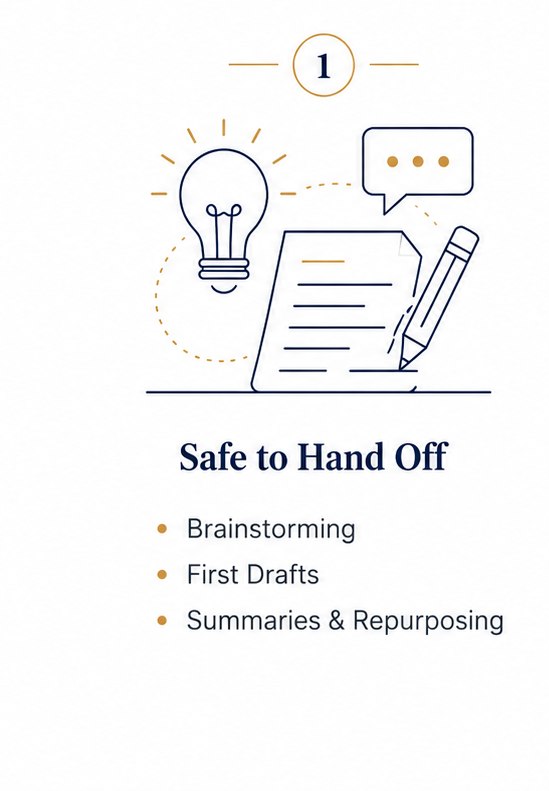 AI trust framework part one. Safe to hand off: brainstorming, first drafts, summaries and repurposing.