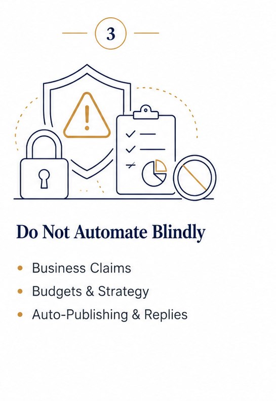 AI trust framework part three. Do not automate blindly: business claims, budgets and strategy, auto-publishing and replies.
