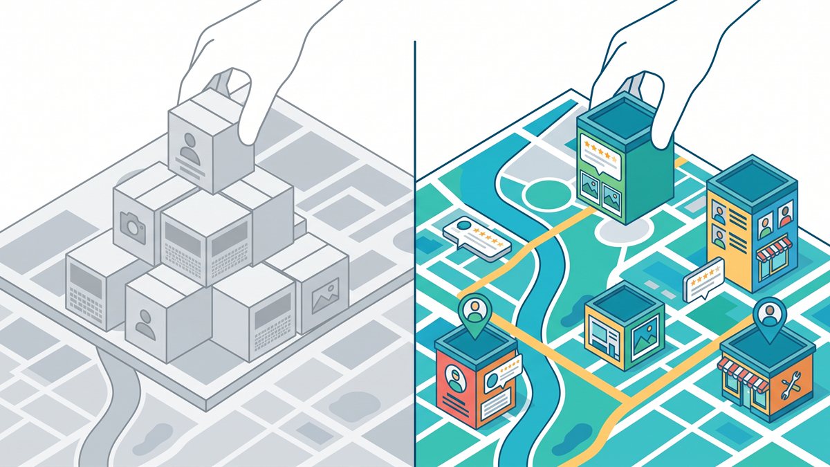 Illustration contrasting duplicate blocks with distinct local business pages and customer proof.