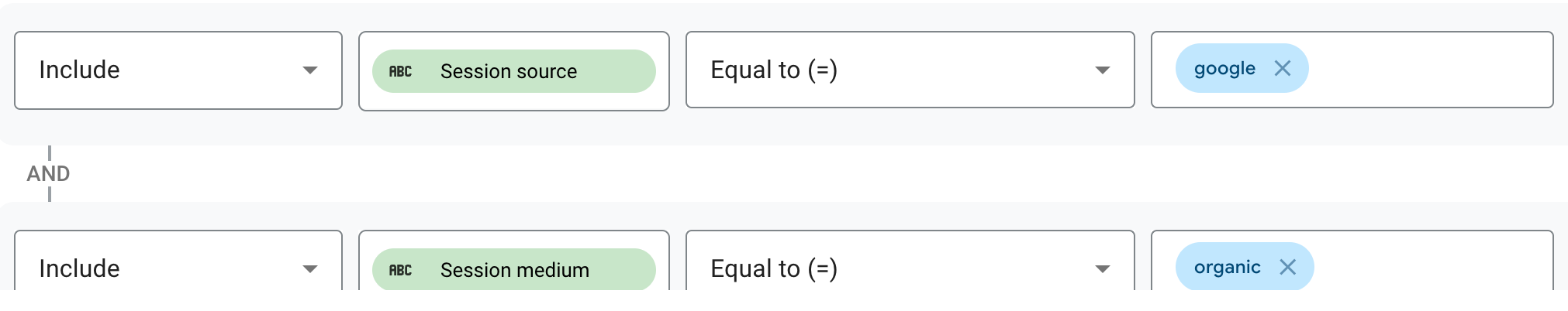Report filter with two clauses: Session source equal to google, and Session medium equal to organic