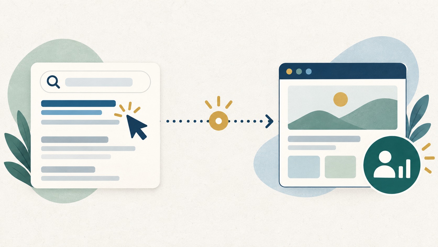 Illustration of a Google Search click passing through a measurement handoff to an on-site analytics session.