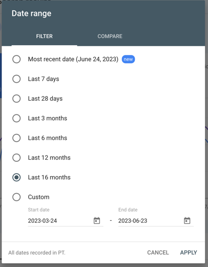 Search Console date range picker with preset ranges and a note that all dates are recorded in PT