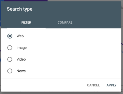 Search Console Search type filter set to Web, with Image, Video, and News as the other options