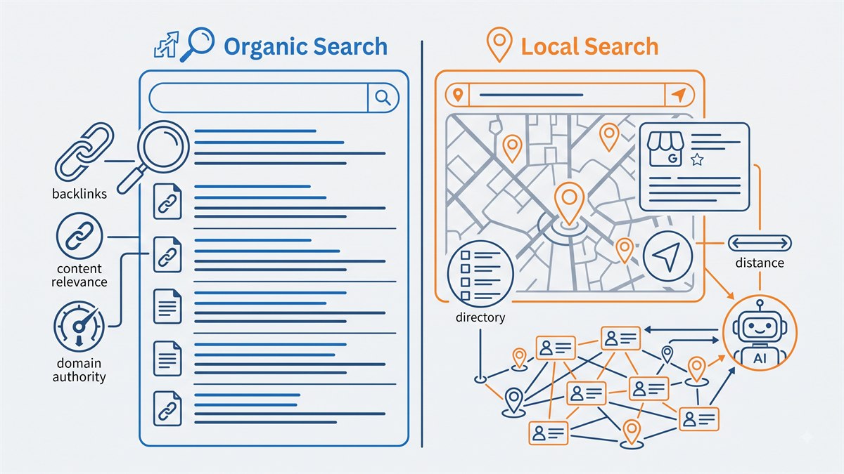 Line diagram comparing organic search, ranked on backlinks, content relevance, and domain authority, against local search, ranked on distance, with directory listings feeding an AI assistant.