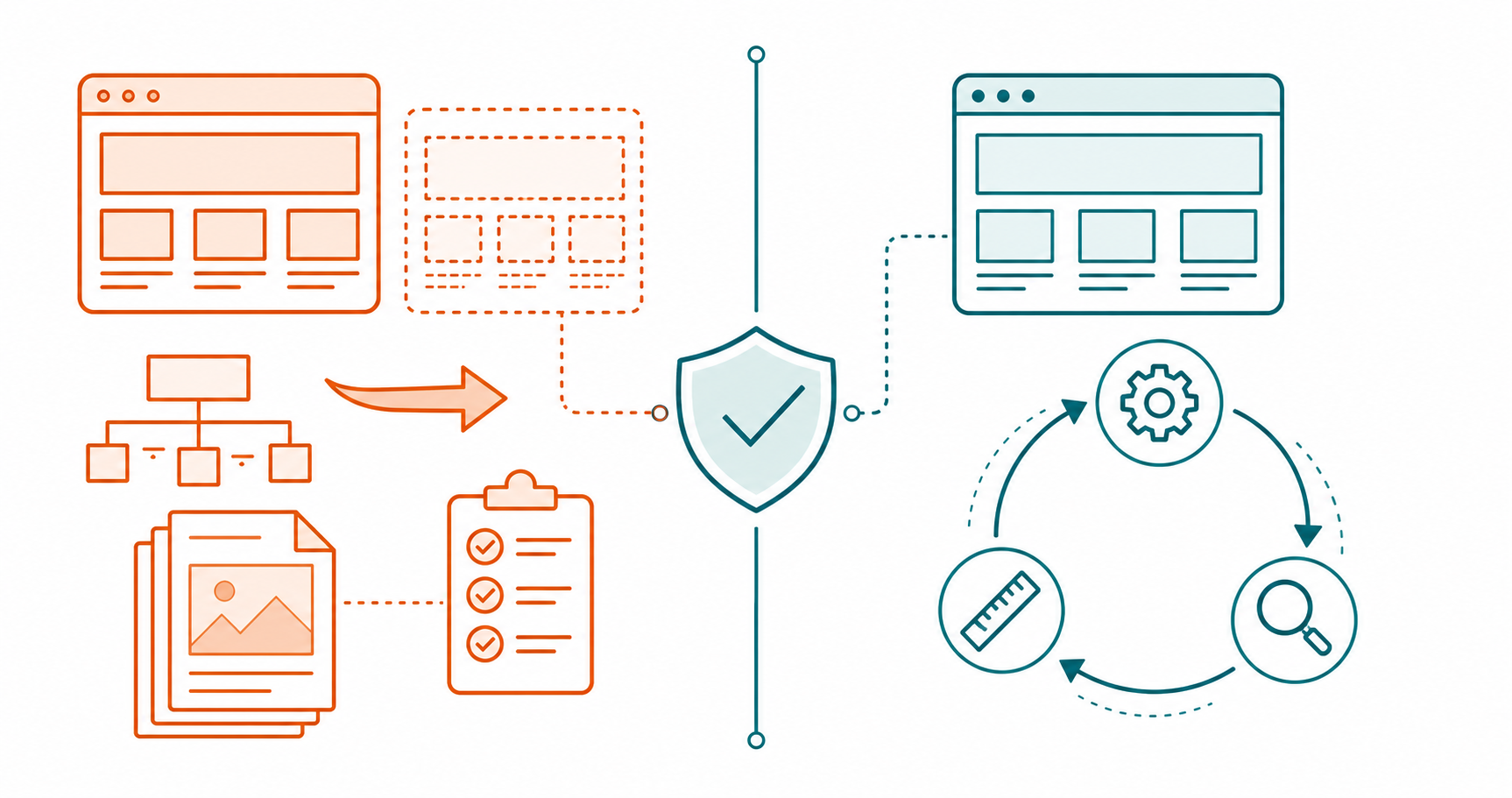 Diagram comparing a planned website rebuild with an iterative improvement process, both protecting search signals.