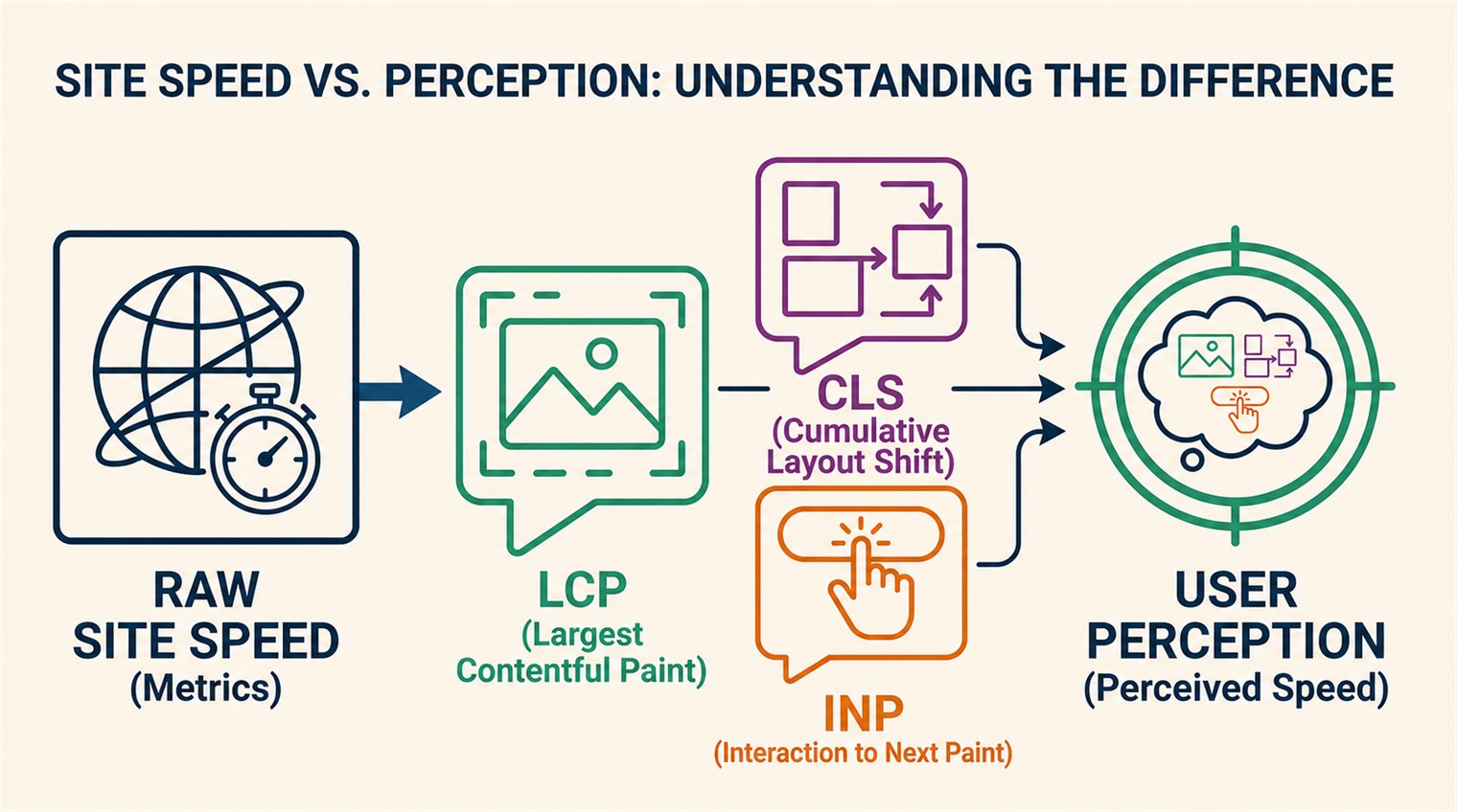 Diagram showing site-speed metrics, Core Web Vitals, and user perception.