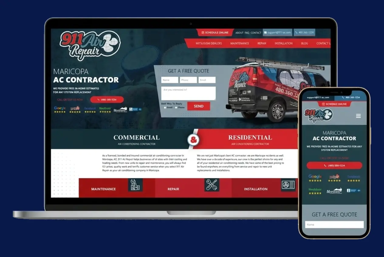 The 911 Air Repair website shown on a laptop and phone