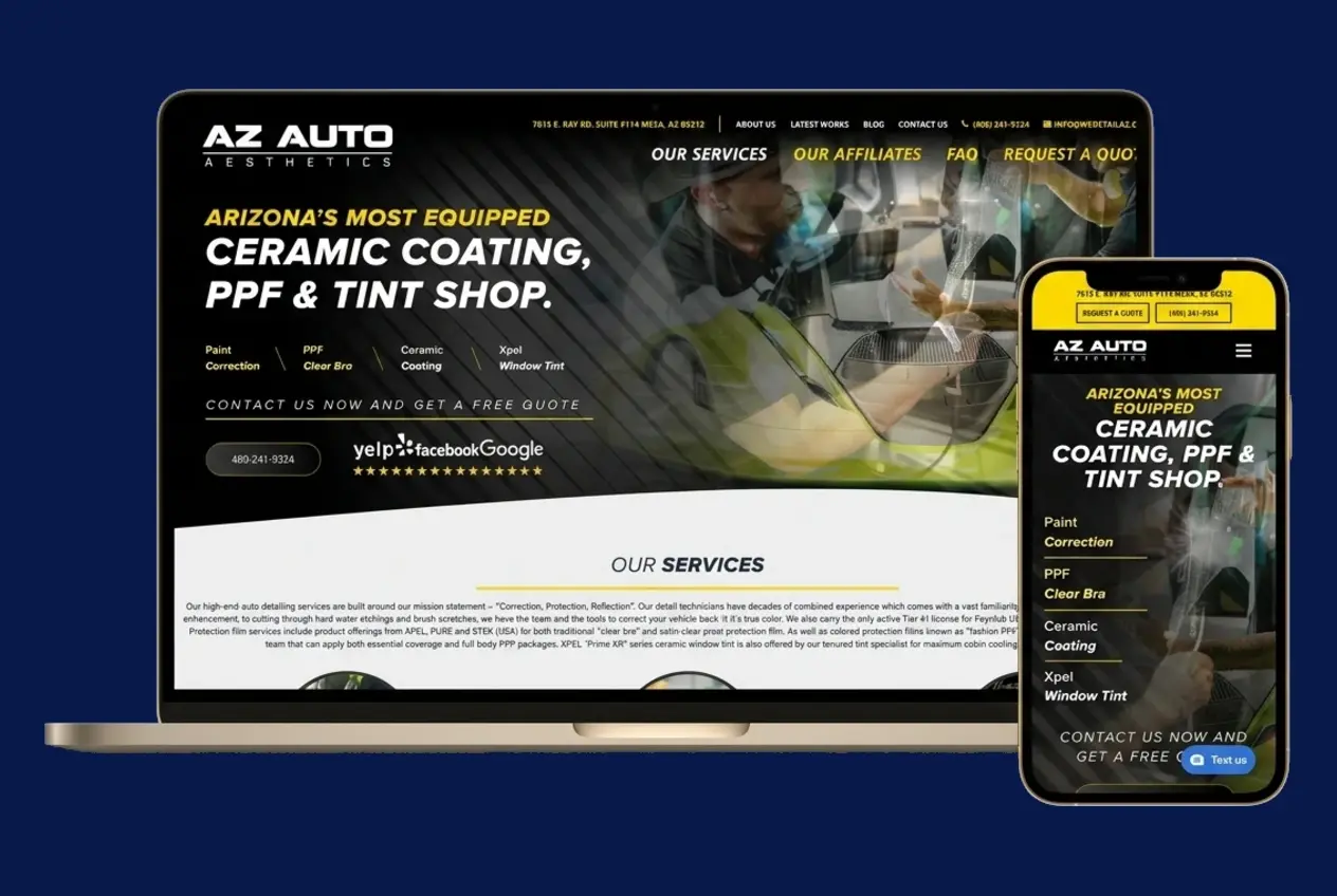 The AZ Auto Aesthetics website shown on a laptop and phone