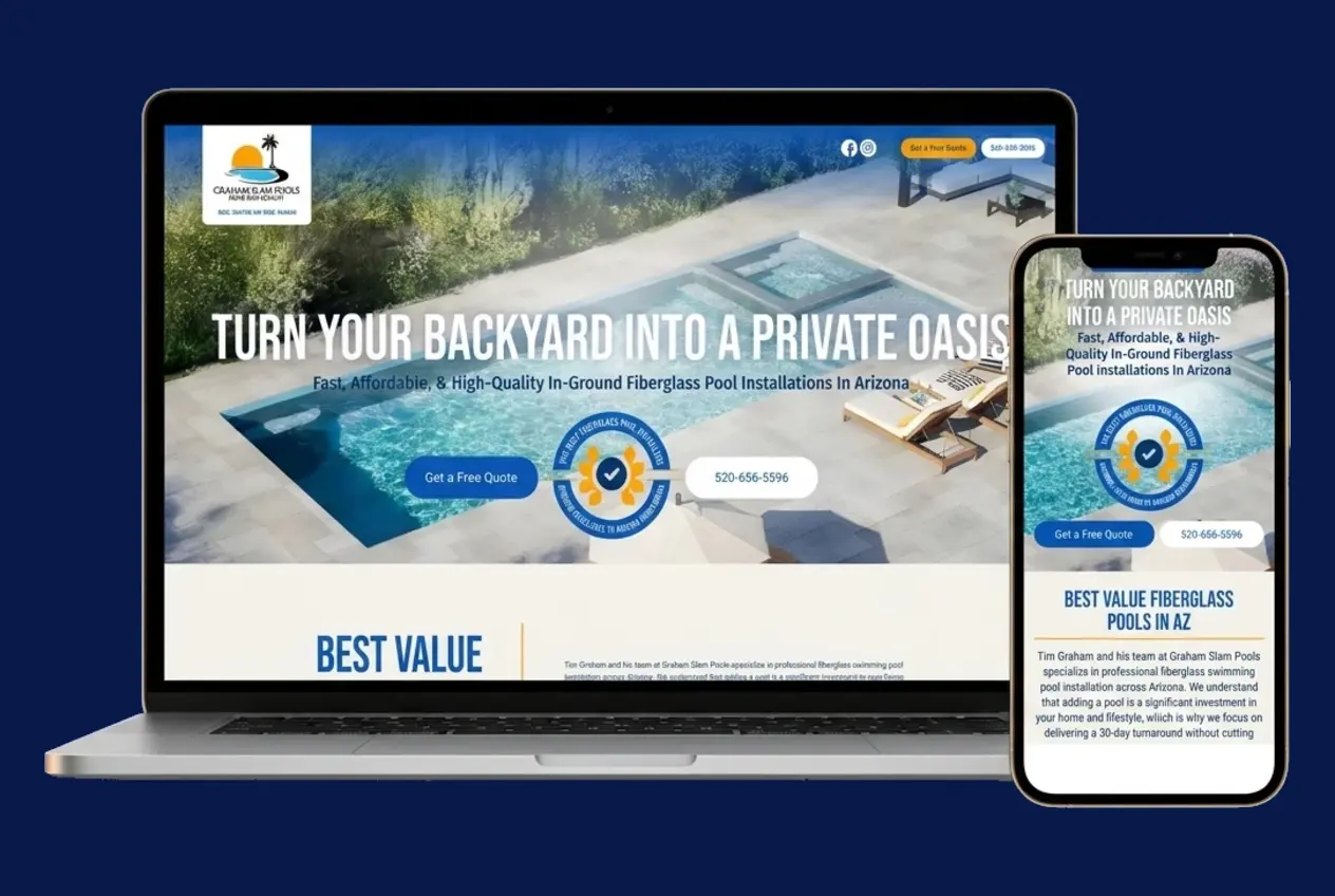 The Graham Slam Pools website shown on a laptop and phone