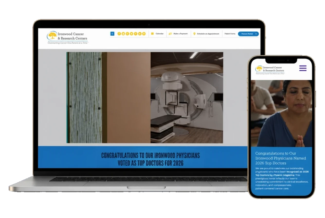 The Ironwood Cancer & Research Centers website shown on a laptop and phone